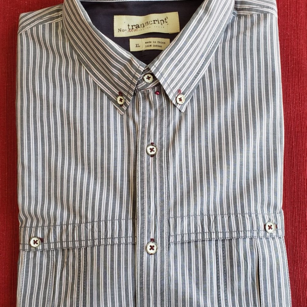 Men's XL Transcript long-sleeved button down casual shirt - grey striped cotton